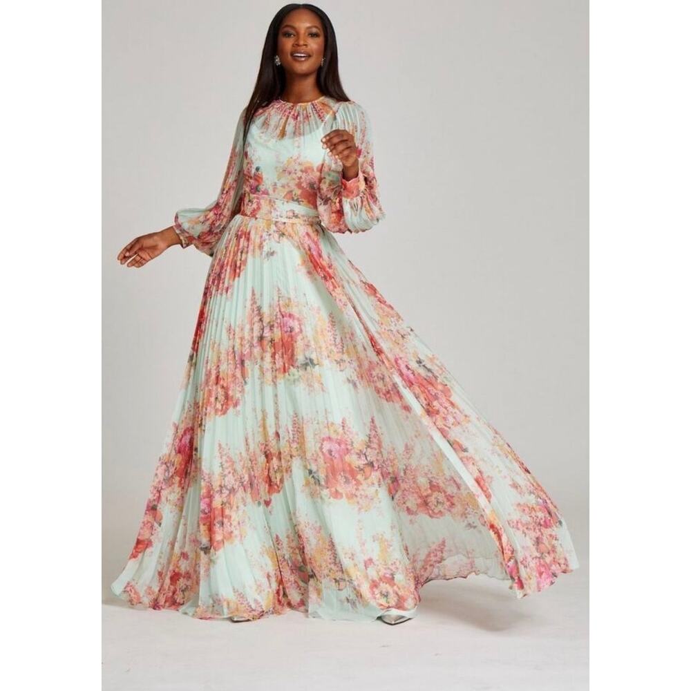 Floral Pleated Maxi Dress in Mint and Pink